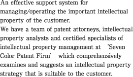 An effective support system for managing/operating the important intellectual property of the customer. We have a team of patent attorneys, intellectual property analysts and certified specialists of intellectual property management at ‘Seven Color Patent Firm’ which comprehensively examines and suggests an intellectual property strategy that is suitable to the customer.